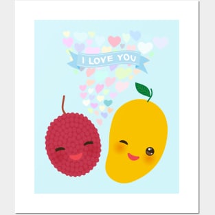 Kawaii lychee and mango with pink cheeks and winking eyes Posters and Art